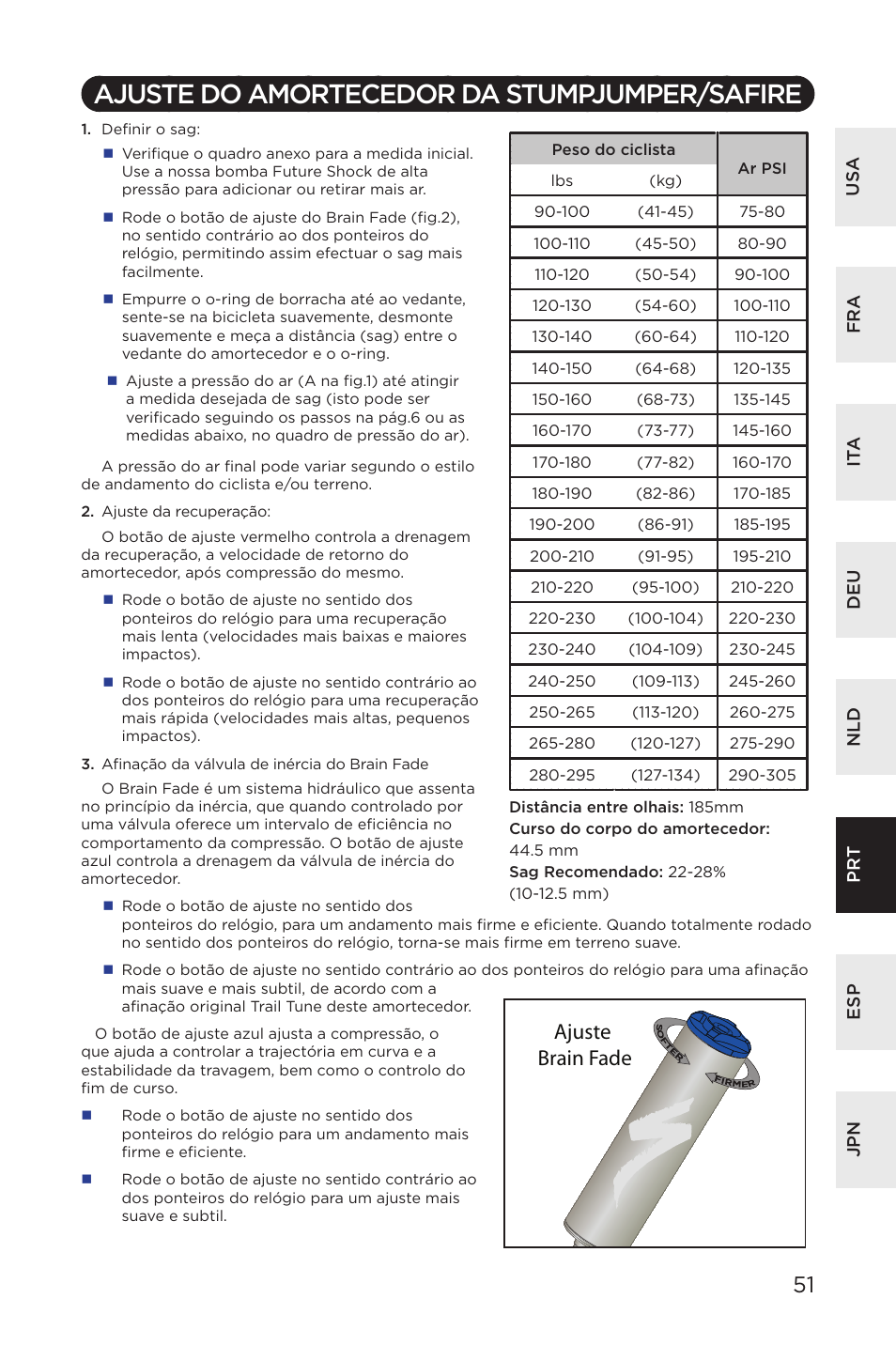 Ajuste do amortecedor da, Stumpjumper/safire, Ajuste do amortecedor da stumpjumper/safire | Ajuste brain fade | Specialized AFR Rear Shock ENDURO SL User Manual | Page 51 / 72
