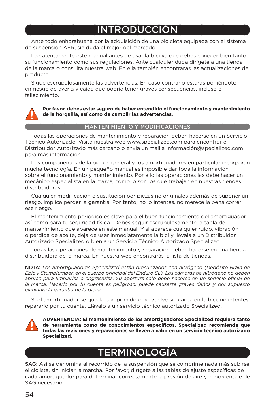 Introducción, Mantenimiento y modificaciones, Terminología | Specialized AFR Rear Shock ENDURO SL User Manual | Page 54 / 72