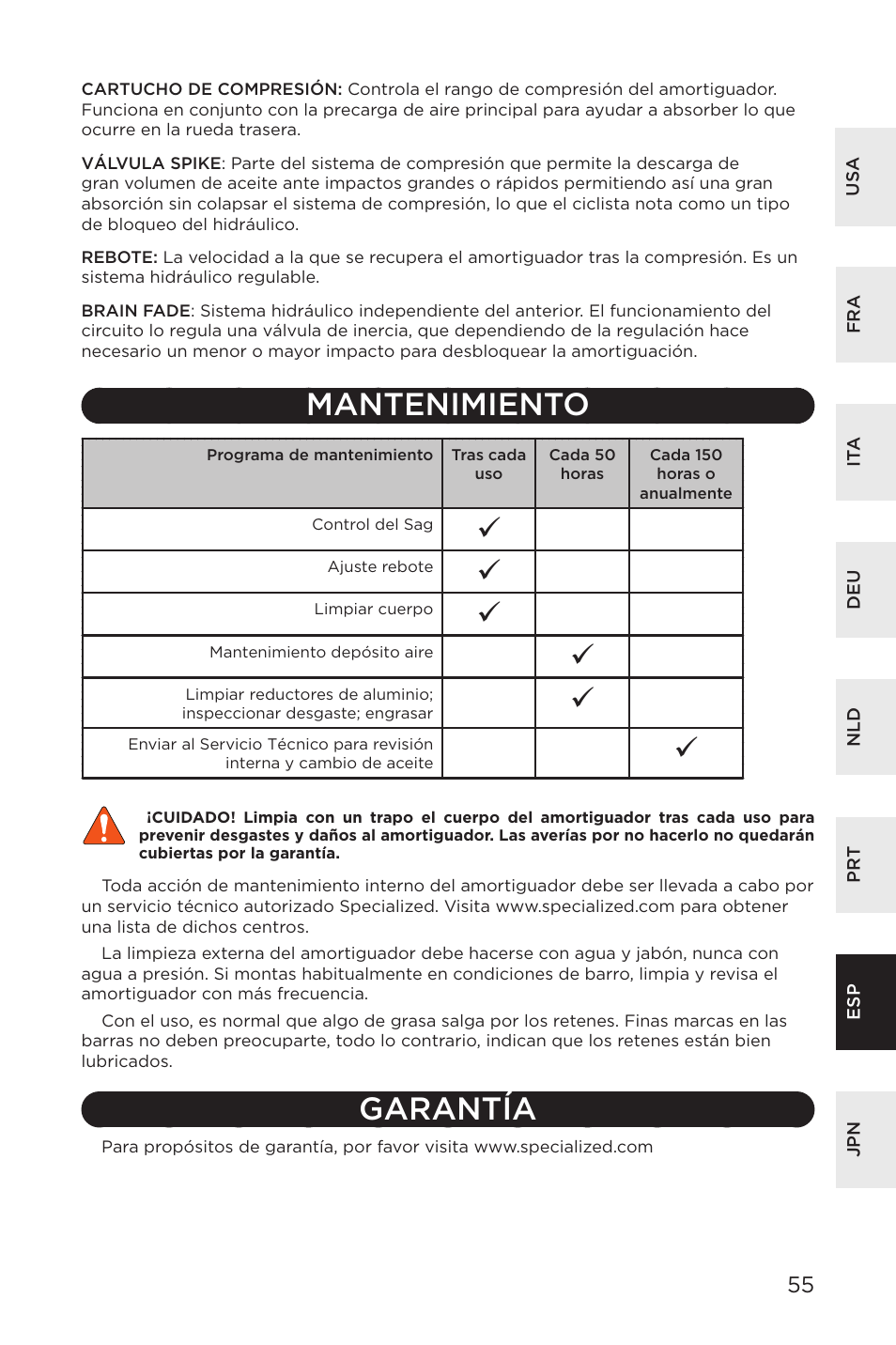 Mantenimiento, Garantía | Specialized AFR Rear Shock ENDURO SL User Manual | Page 55 / 72