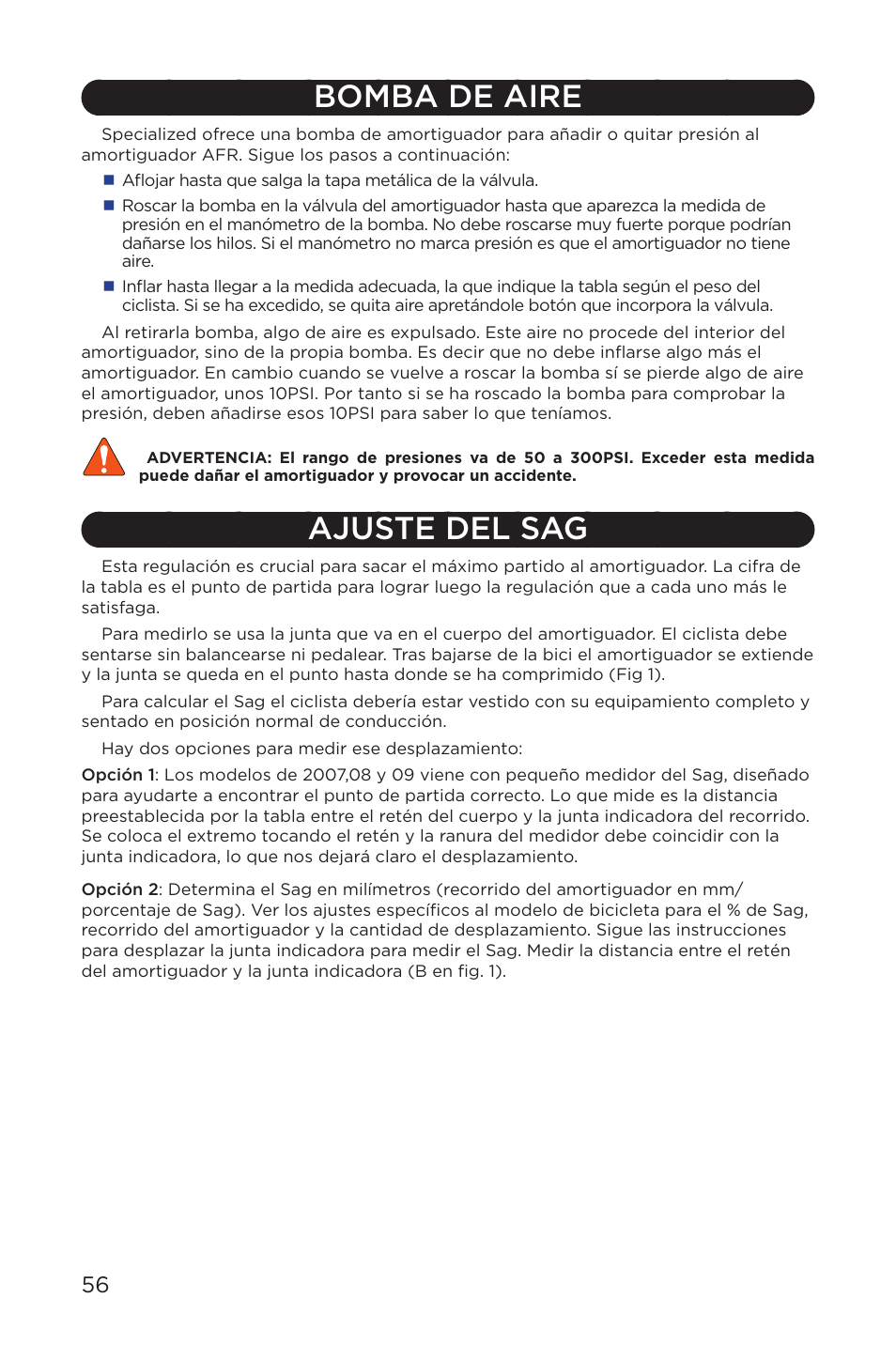 Bomba de aire, Ajuste del sag | Specialized AFR Rear Shock ENDURO SL User Manual | Page 56 / 72