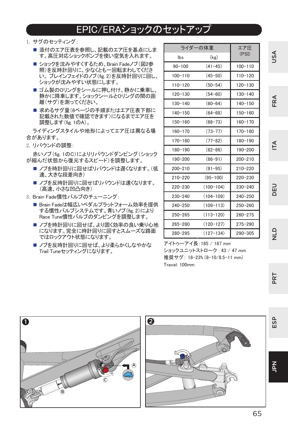 Epic/eraショックのセットアップ | Specialized AFR Rear Shock ENDURO SL User Manual | Page 65 / 72