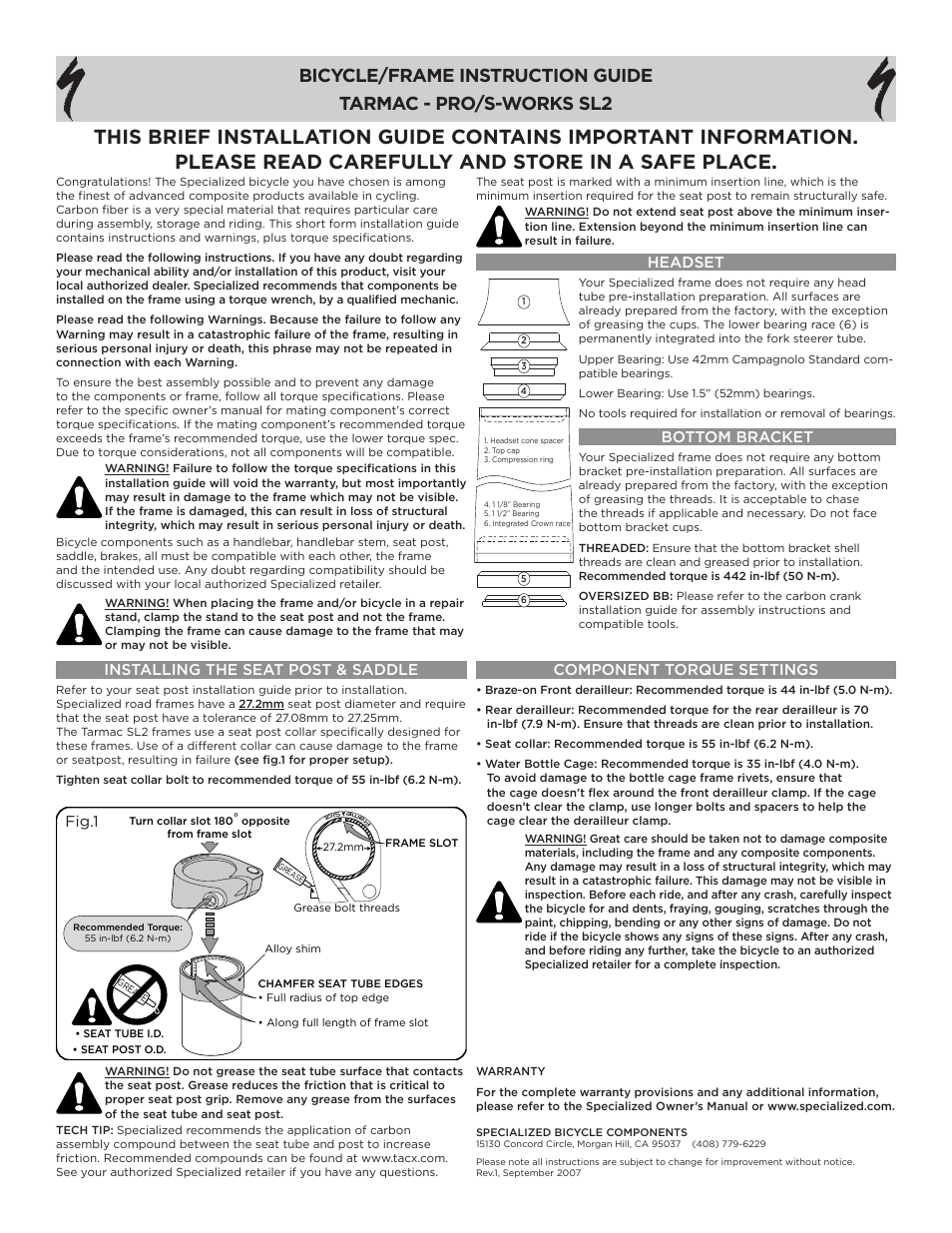 Specialized TARMAC - PRO User Manual | 1 page
