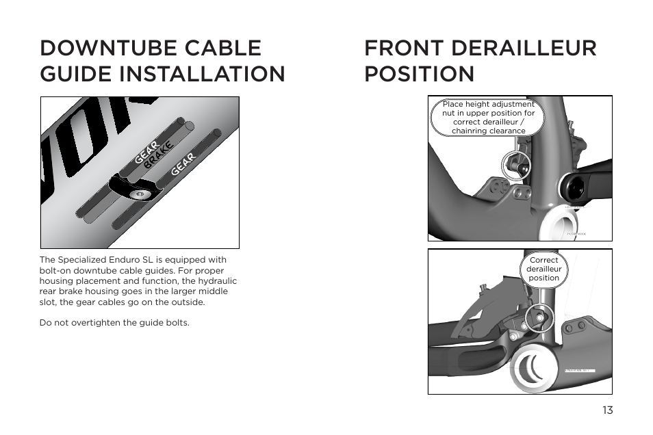 Downtube cable guide installation, Front derailleur position | Specialized Enduro Home Gym User Manual | Page 13 / 22