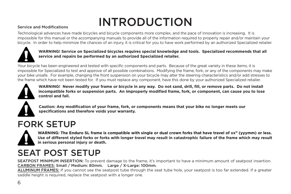 Introduction, Seat post setup fork setup | Specialized Enduro Home Gym User Manual | Page 6 / 22