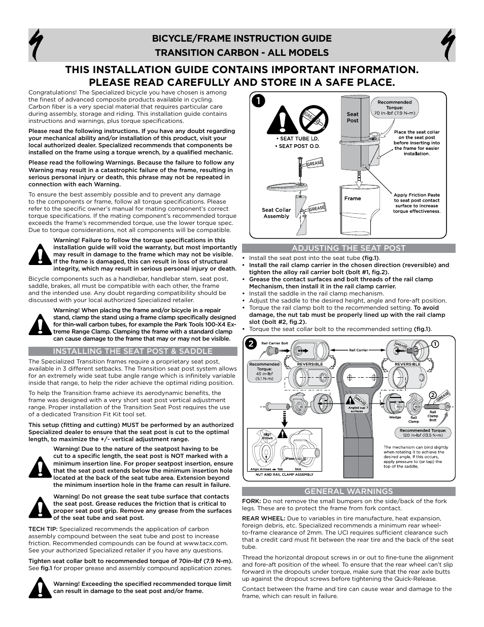 Specialized Transition Carbon-All Models User Manual | 3 pages