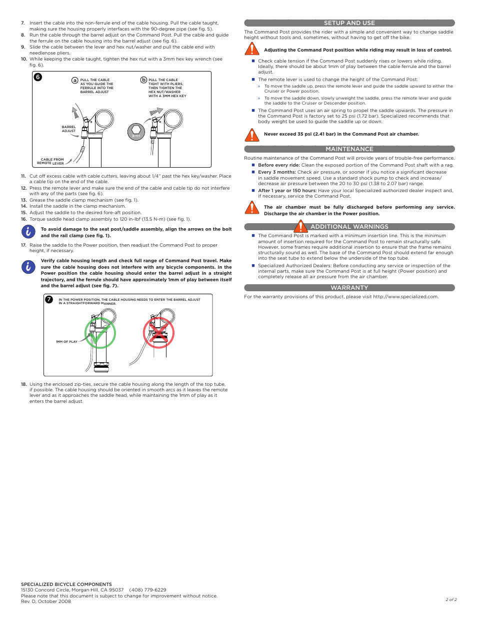 Specialized Command Post Adjustable Height Seat Post User Manual | Page 2 / 2