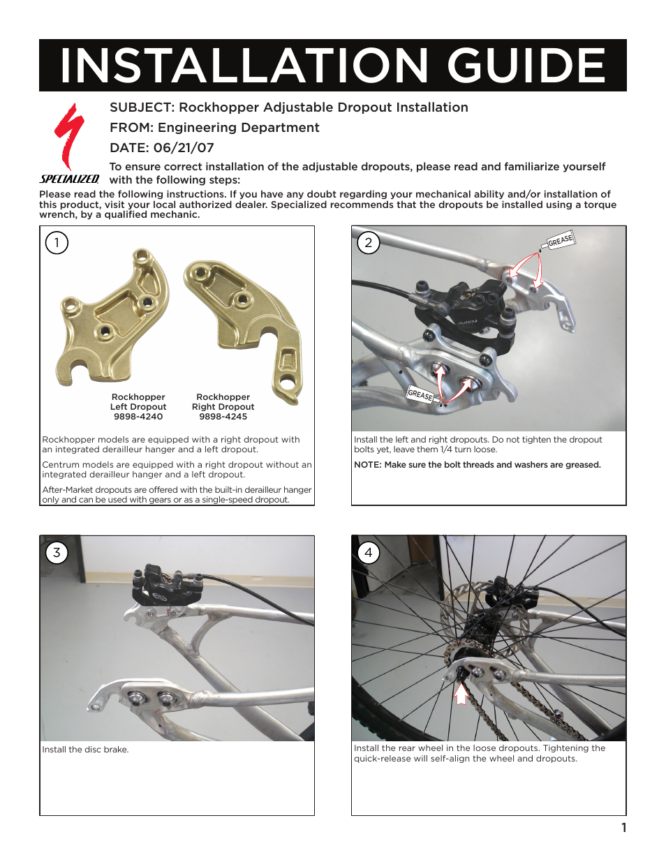 Specialized Rockhopper Adjustable Dropout RH Dropout User Manual | 2 pages