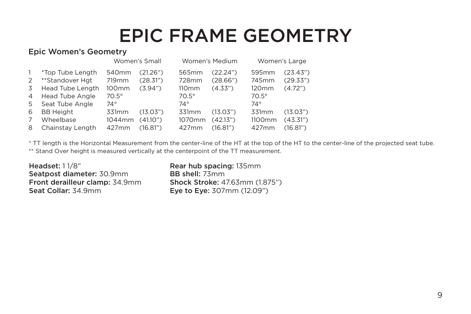 Epic frame geometry | Specialized Roll X User Manual | Page 9 / 20