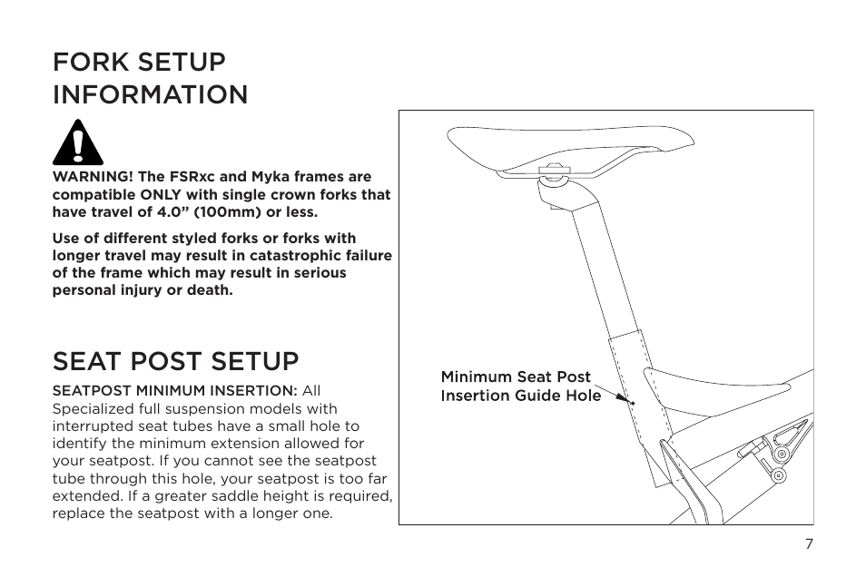 Seat post setup fork setup information | Specialized Myka User Manual | Page 7 / 18