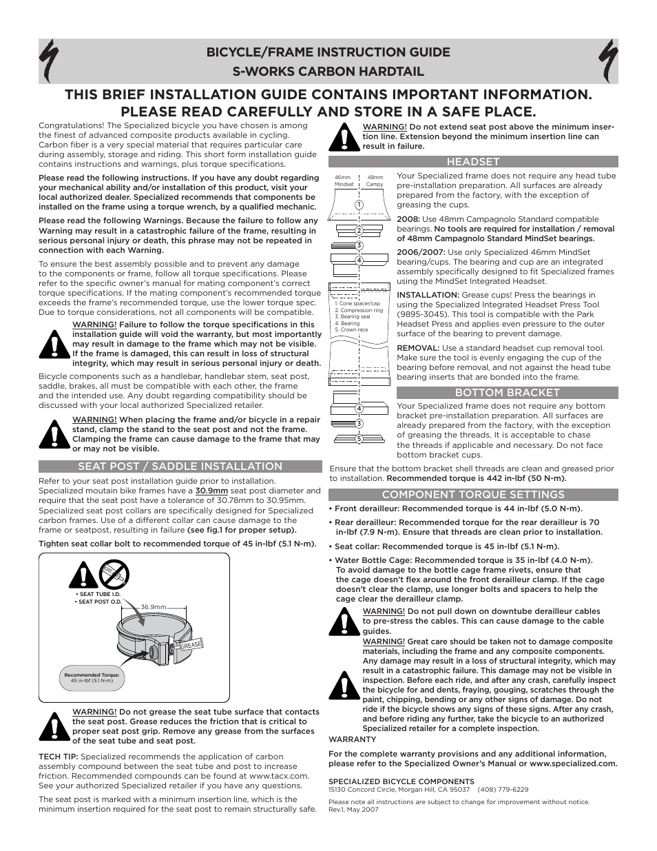 Specialized S-WORKS CARBON HARDTAIL User Manual | 1 page