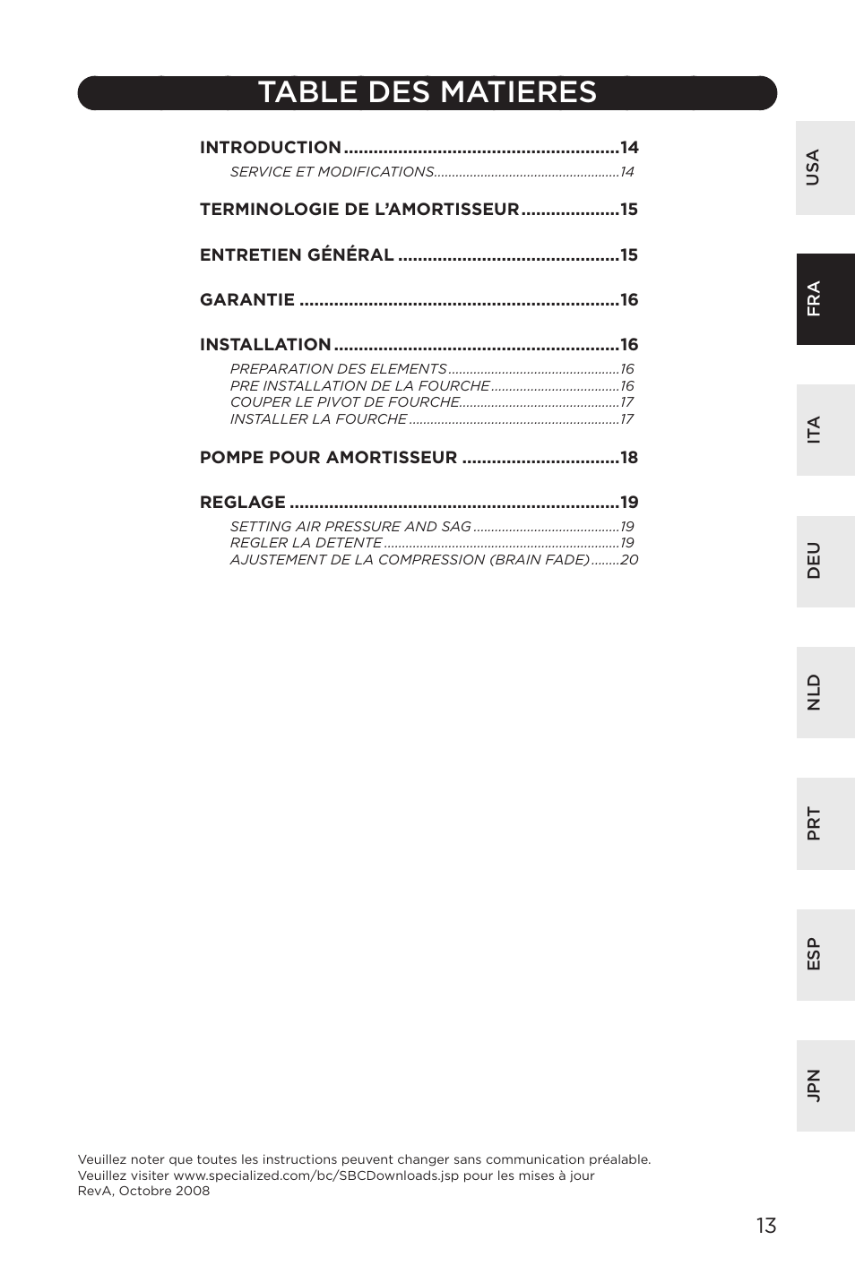 Table des matieres | Specialized AFR E100 User Manual | Page 13 / 84