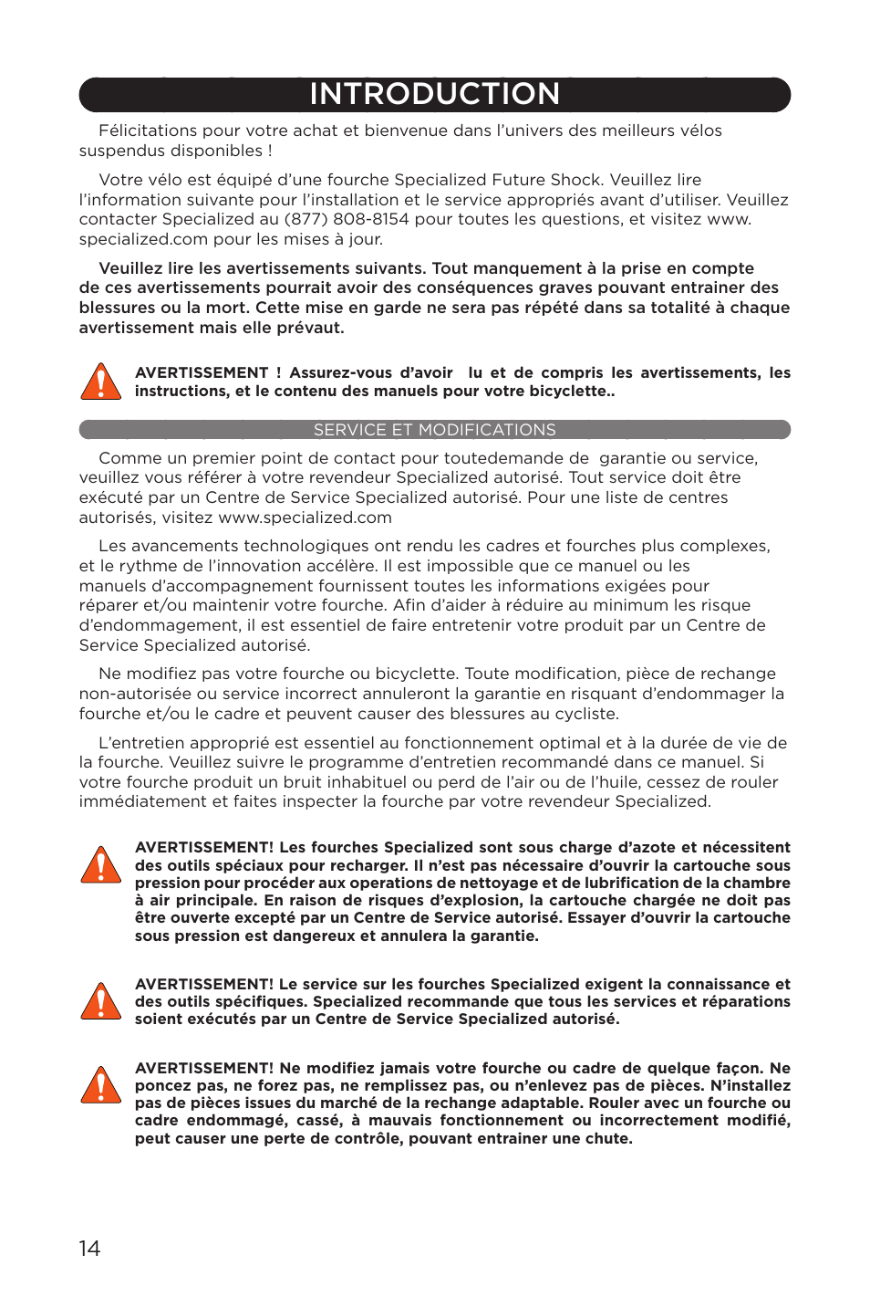 Introduction, Service et modifications | Specialized AFR E100 User Manual | Page 14 / 84