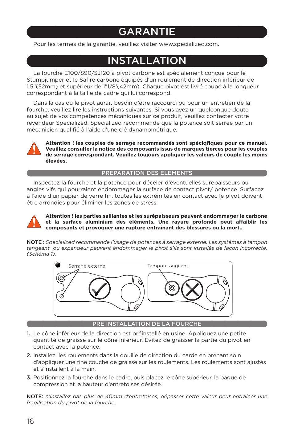 Garantie, Installation | Specialized AFR E100 User Manual | Page 16 / 84