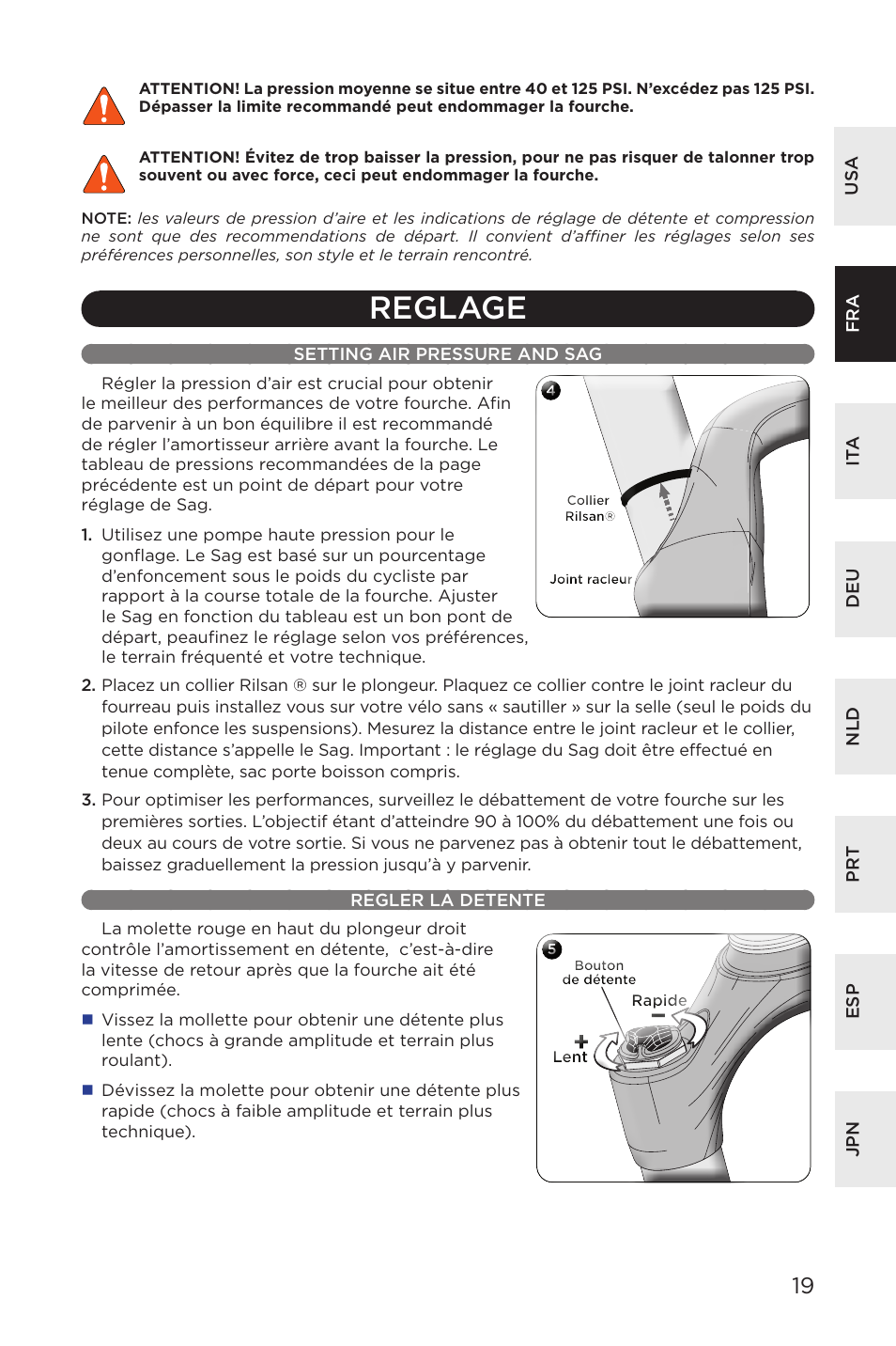 Reglage, Setting air pressure and sag regler la detente | Specialized AFR E100 User Manual | Page 19 / 84