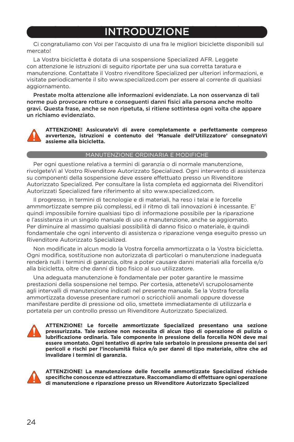 Introduzione, Manutenzione ordinaria e modifiche | Specialized AFR E100 User Manual | Page 24 / 84