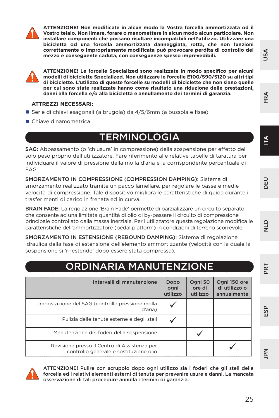 Terminologia, Ordinaria manutenzione | Specialized AFR E100 User Manual | Page 25 / 84