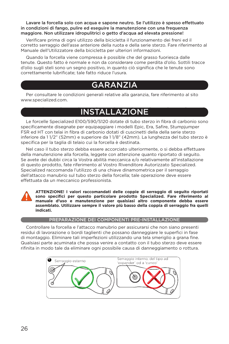 Garanzia, Installazione, Preparazione dei componenti pre-installazione | Specialized AFR E100 User Manual | Page 26 / 84