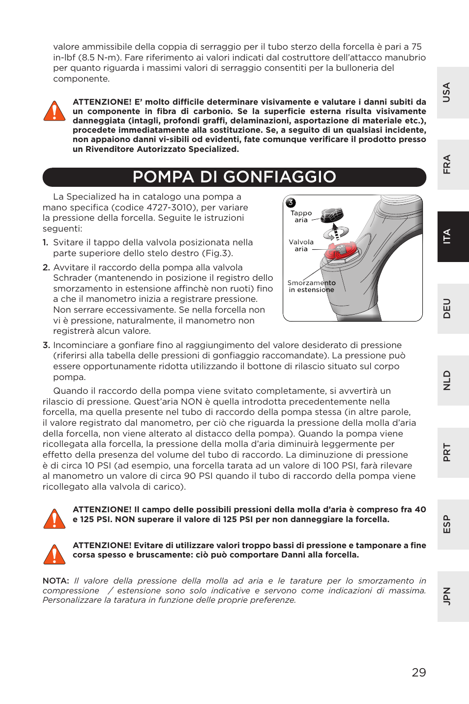 Pompa di gonfiaggio | Specialized AFR E100 User Manual | Page 29 / 84