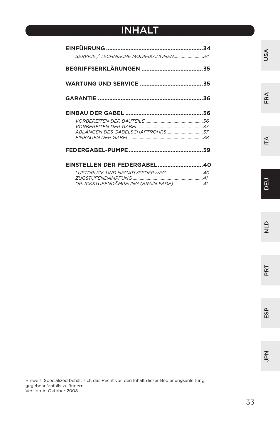 Inhalt | Specialized AFR E100 User Manual | Page 33 / 84