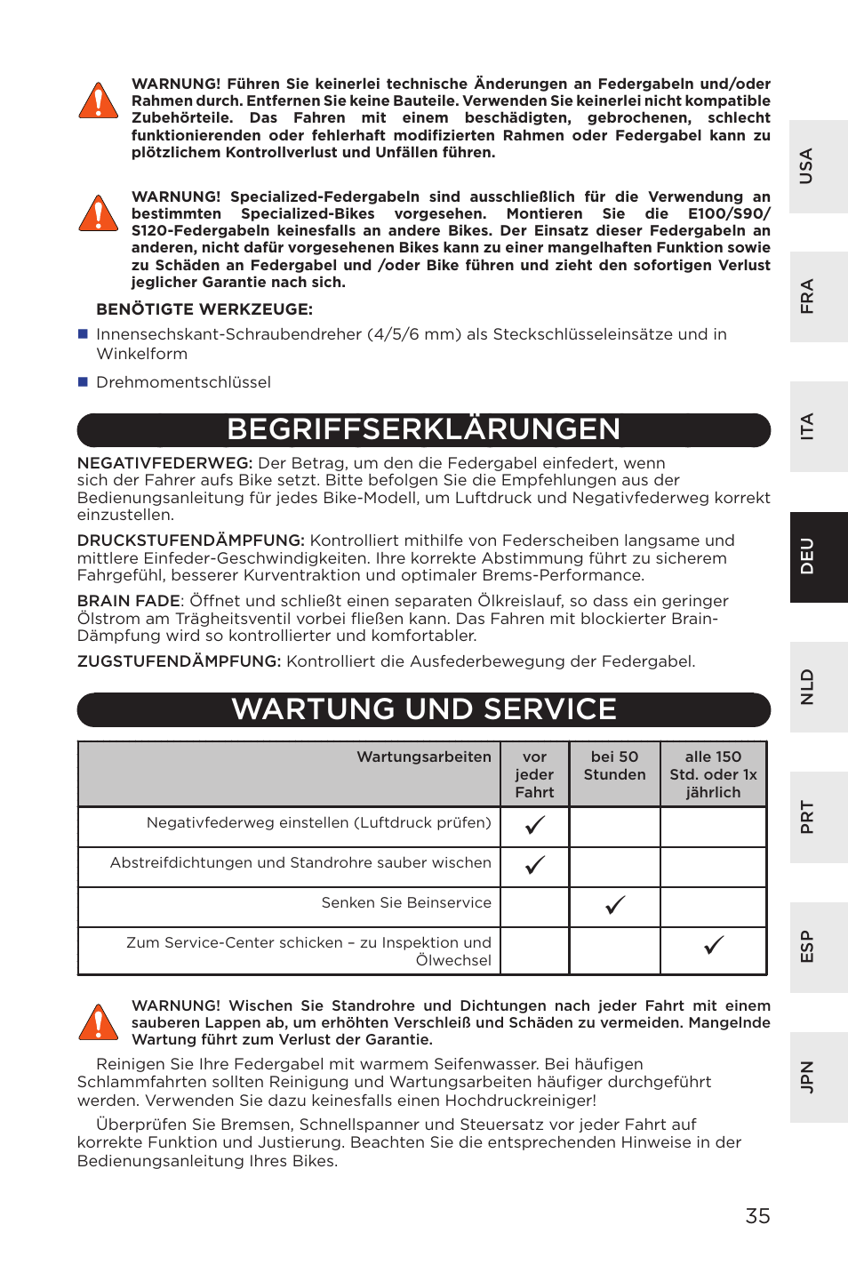 Begriffserklärungen, Wartung und service | Specialized AFR E100 User Manual | Page 35 / 84