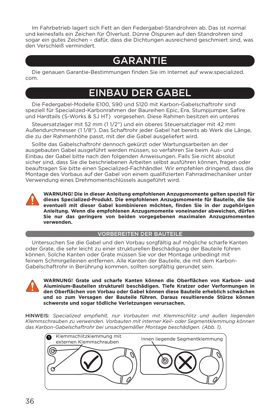 Garantie, Einbau der gabel, Vorbereiten der bauteile | Specialized AFR E100 User Manual | Page 36 / 84