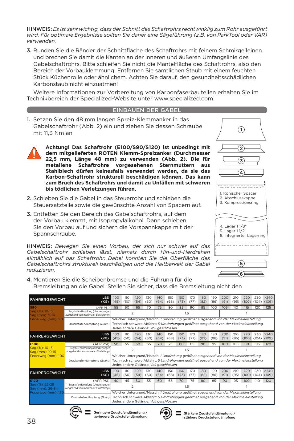 Einbauen der gabel | Specialized AFR E100 User Manual | Page 38 / 84