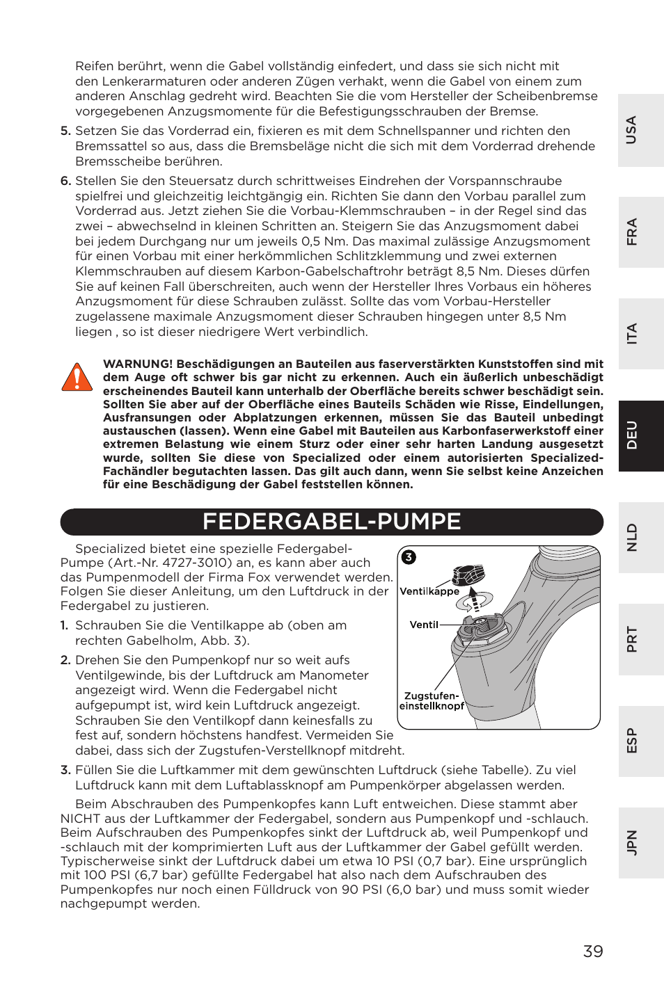 Federgabel-pumpe | Specialized AFR E100 User Manual | Page 39 / 84