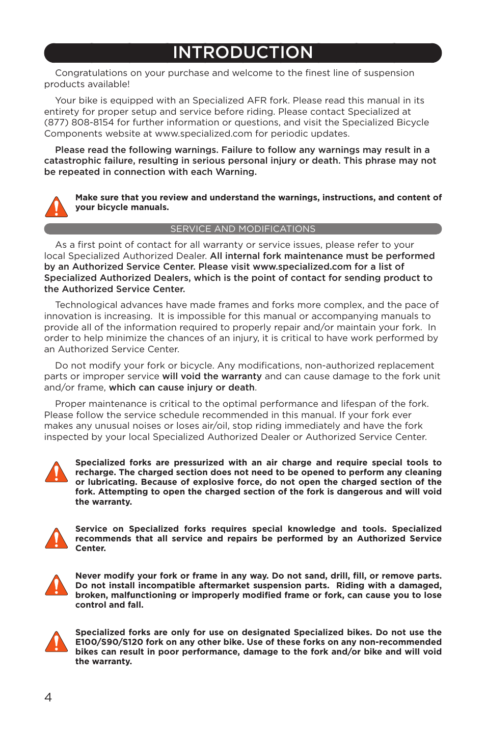 Introduction, Service and modifications | Specialized AFR E100 User Manual | Page 4 / 84