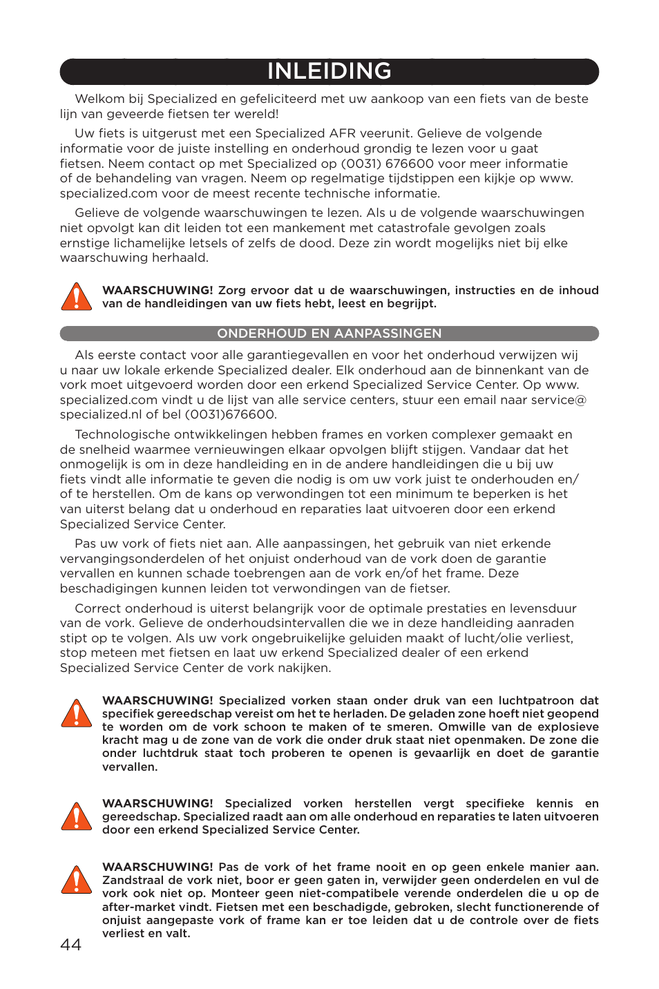 Inleiding, Onderhoud en aanpassingen | Specialized AFR E100 User Manual | Page 44 / 84