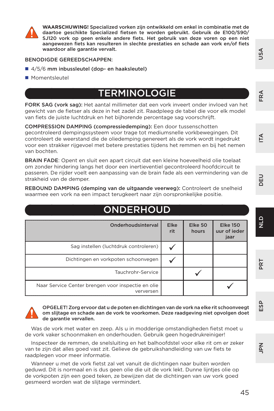 Terminologie, Onderhoud | Specialized AFR E100 User Manual | Page 45 / 84