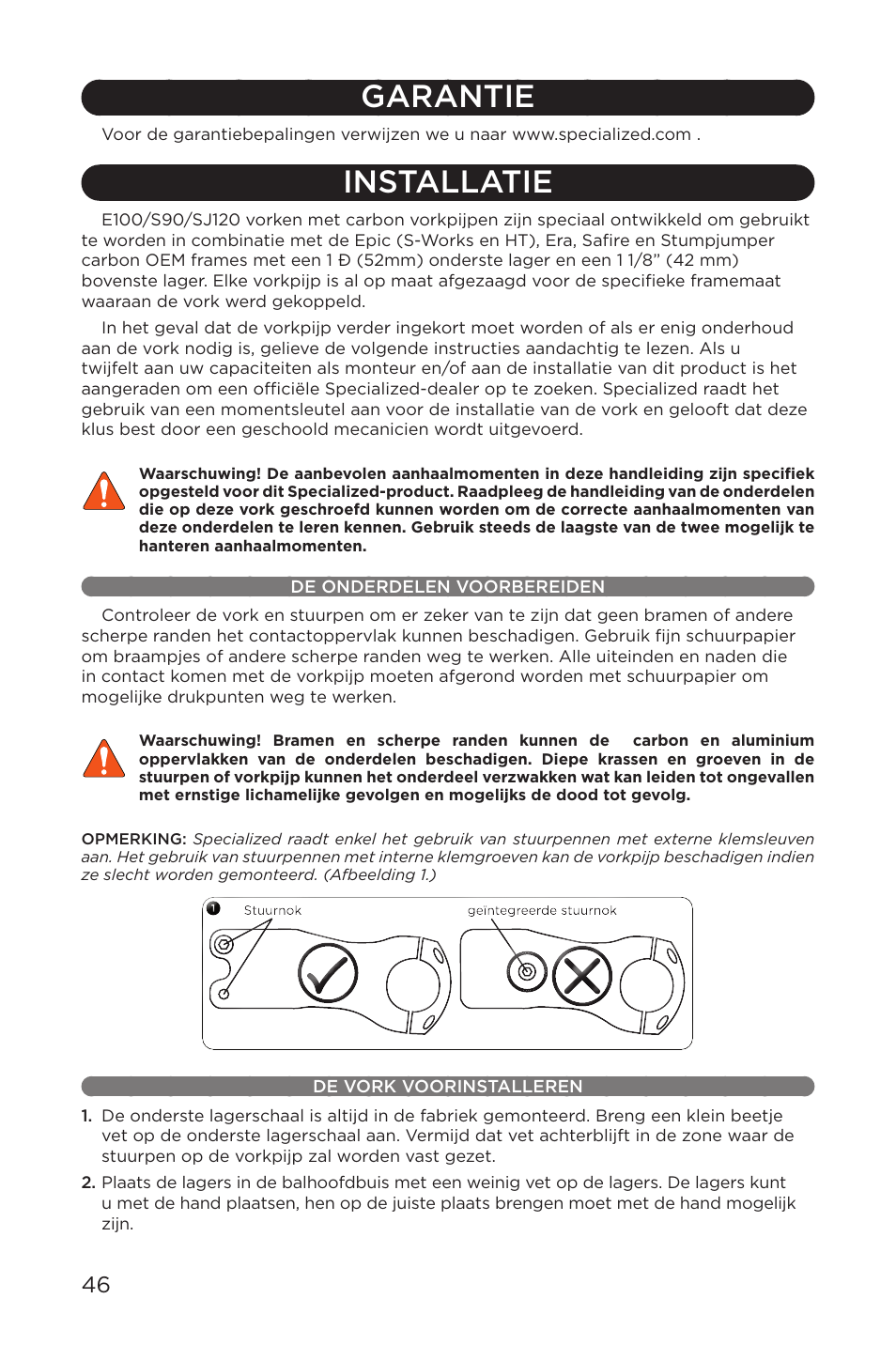 Garantie, Installatie, De onderdelen voorbereiden de vork voorinstalleren | Specialized AFR E100 User Manual | Page 46 / 84