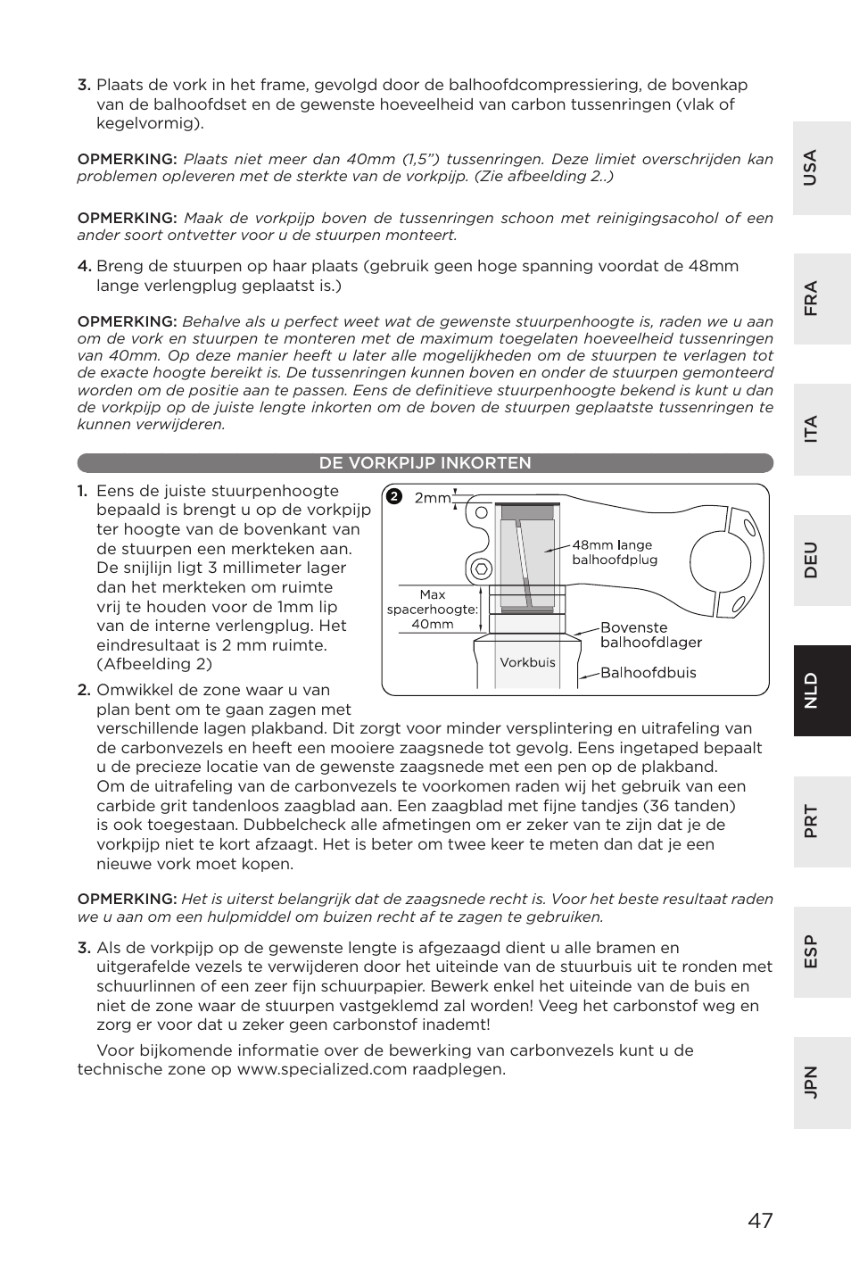 De vorkpijp inkorten | Specialized AFR E100 User Manual | Page 47 / 84