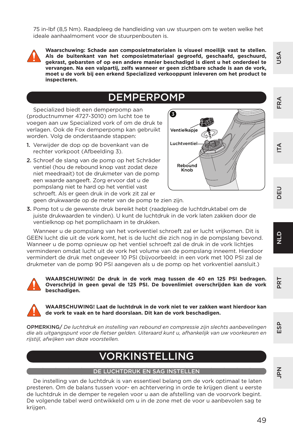 Demperpomp, Vorkinstelling, De luchtdruk en sag instellen | Specialized AFR E100 User Manual | Page 49 / 84