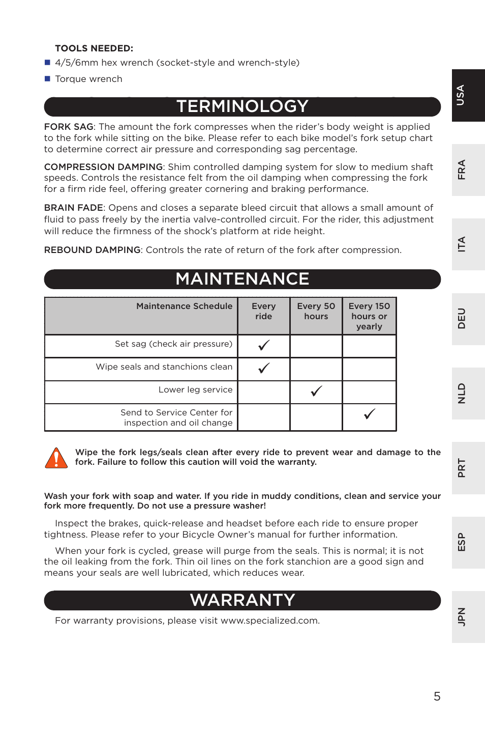 Terminology, Maintenance, Warranty | Specialized AFR E100 User Manual | Page 5 / 84
