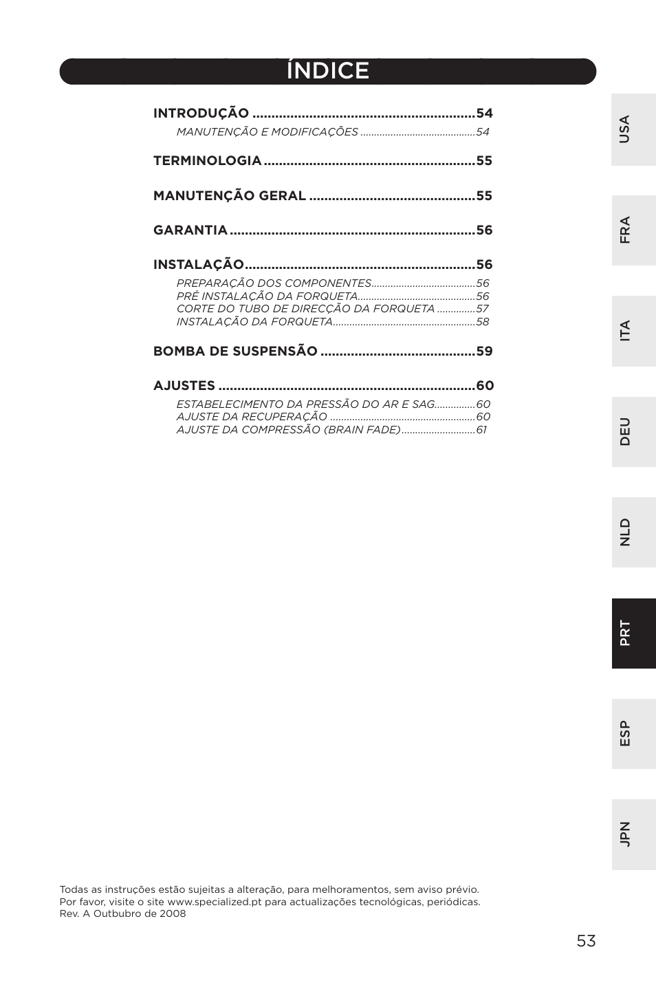 Índice | Specialized AFR E100 User Manual | Page 53 / 84
