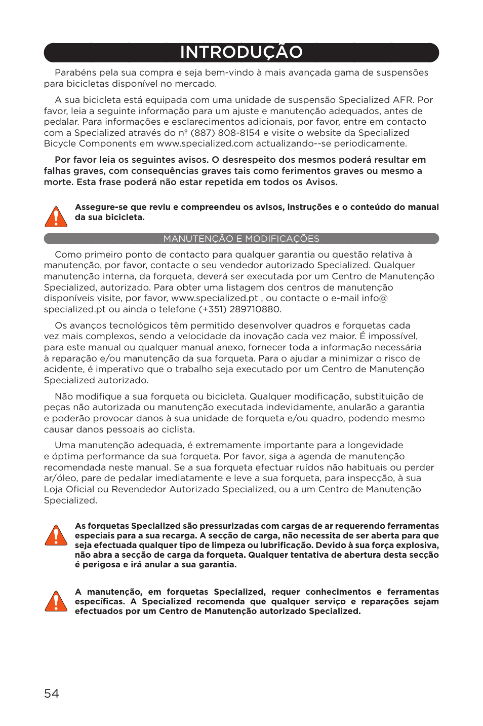 Introdução, Manutenção e modificações | Specialized AFR E100 User Manual | Page 54 / 84