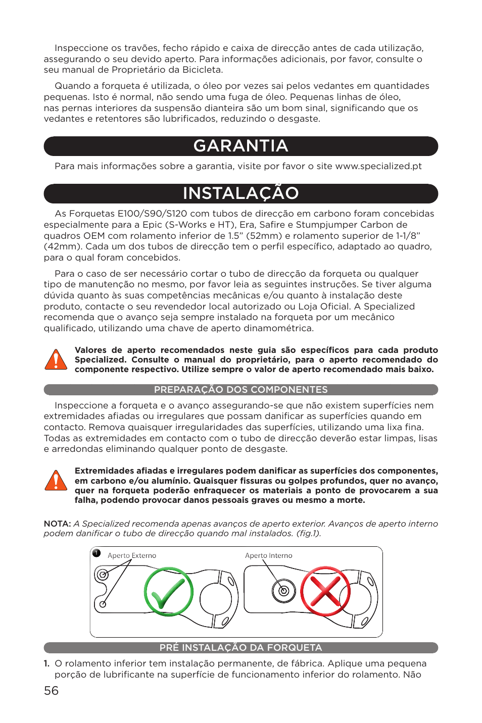 Garantia, Instalação | Specialized AFR E100 User Manual | Page 56 / 84