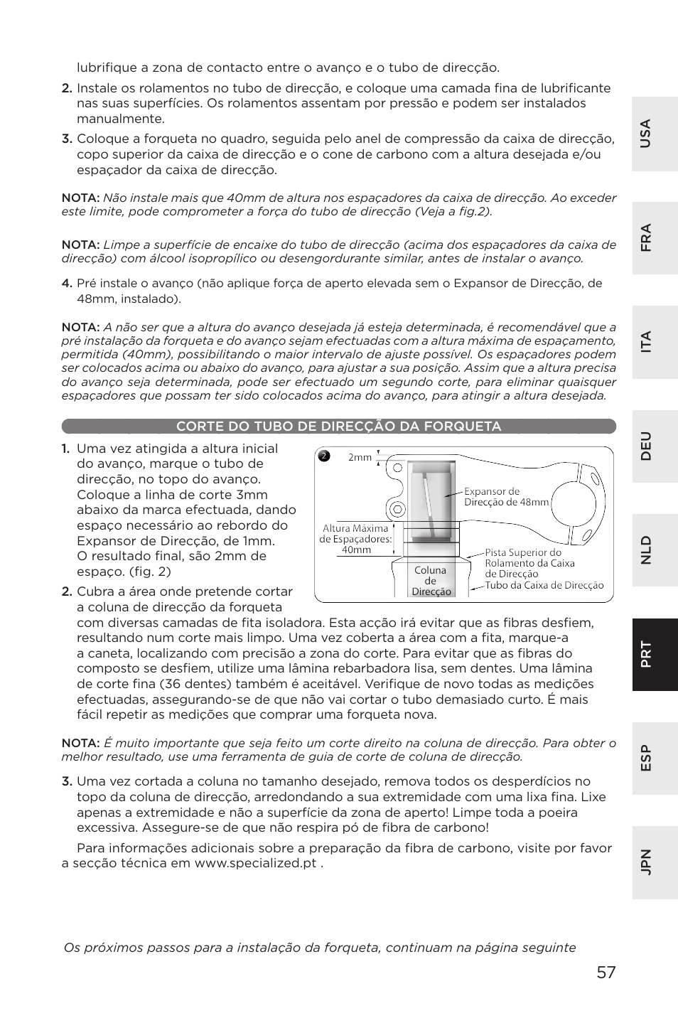 Corte do tubo de direcção da forqueta | Specialized AFR E100 User Manual | Page 57 / 84