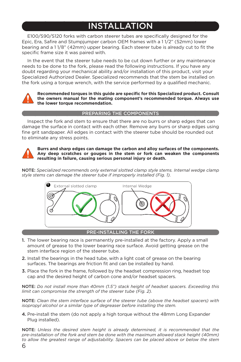 Installation, Preparing the components pre-installing the fork | Specialized AFR E100 User Manual | Page 6 / 84