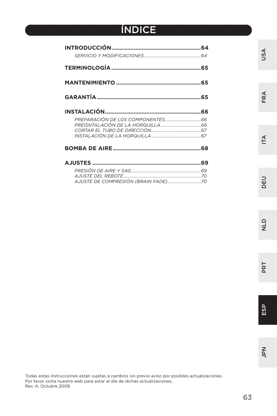 Índice | Specialized AFR E100 User Manual | Page 63 / 84