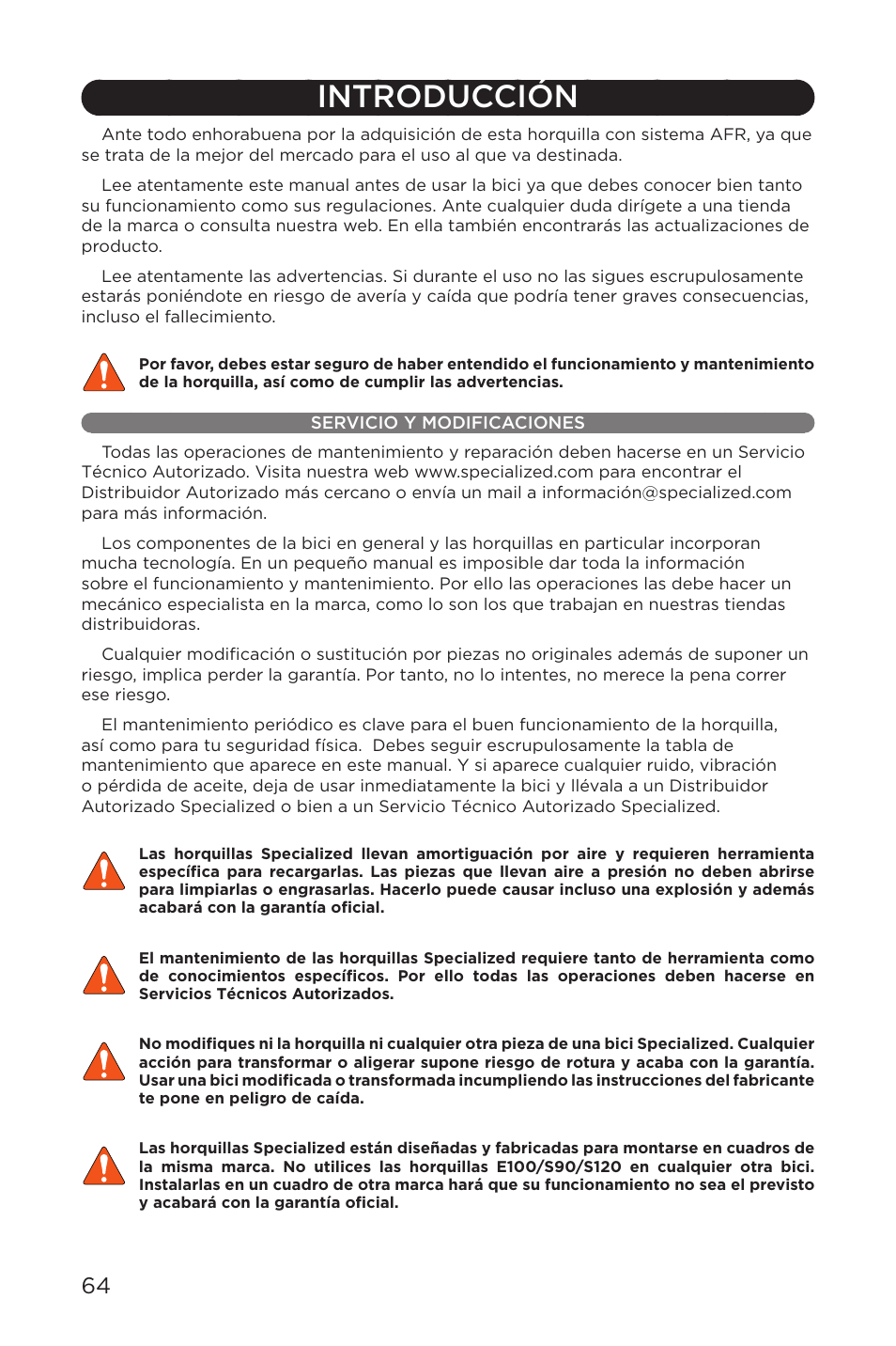 Introducción, Servicio y modificaciones | Specialized AFR E100 User Manual | Page 64 / 84