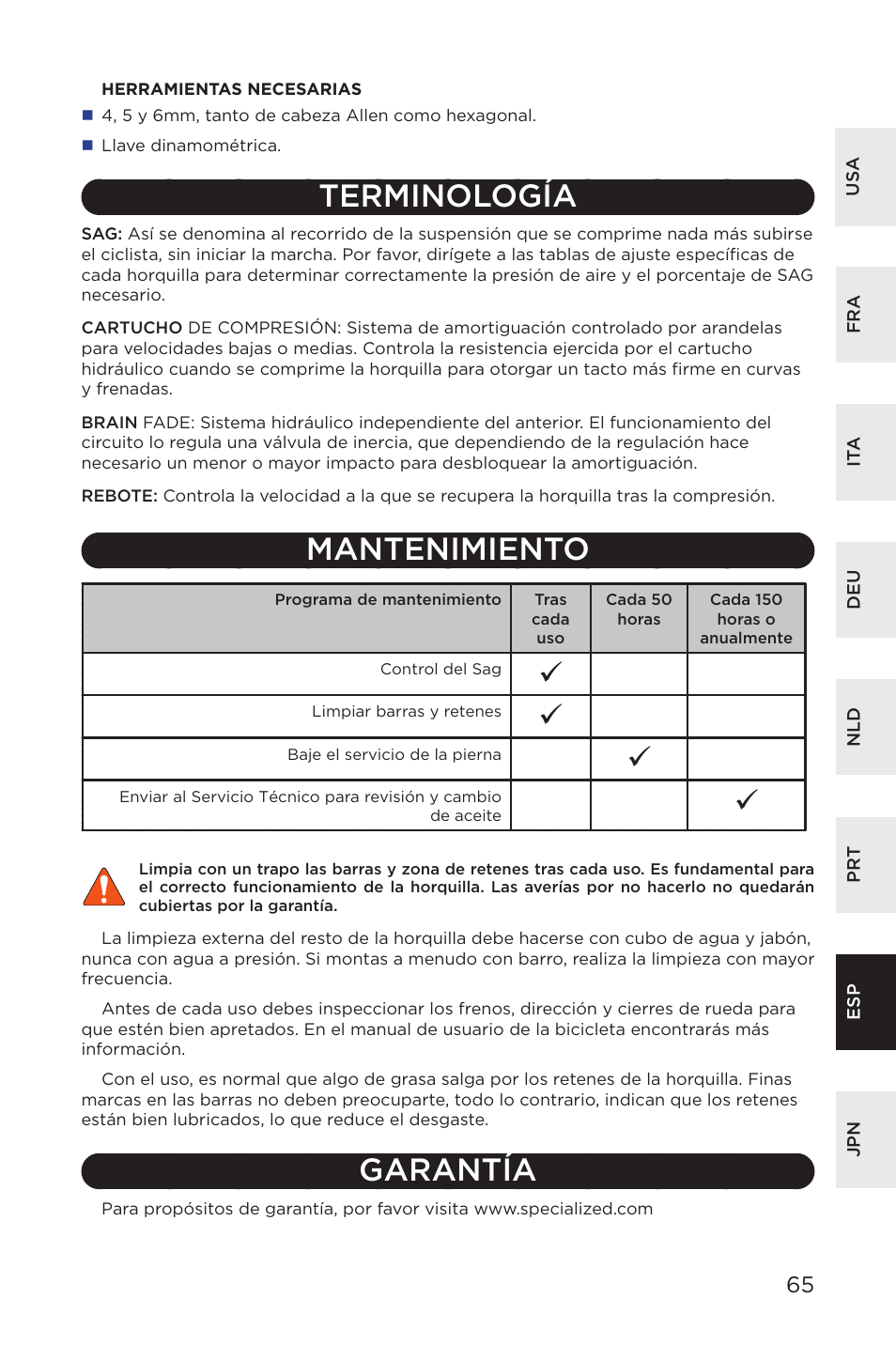 Terminología, Mantenimiento, Garantía | Specialized AFR E100 User Manual | Page 65 / 84
