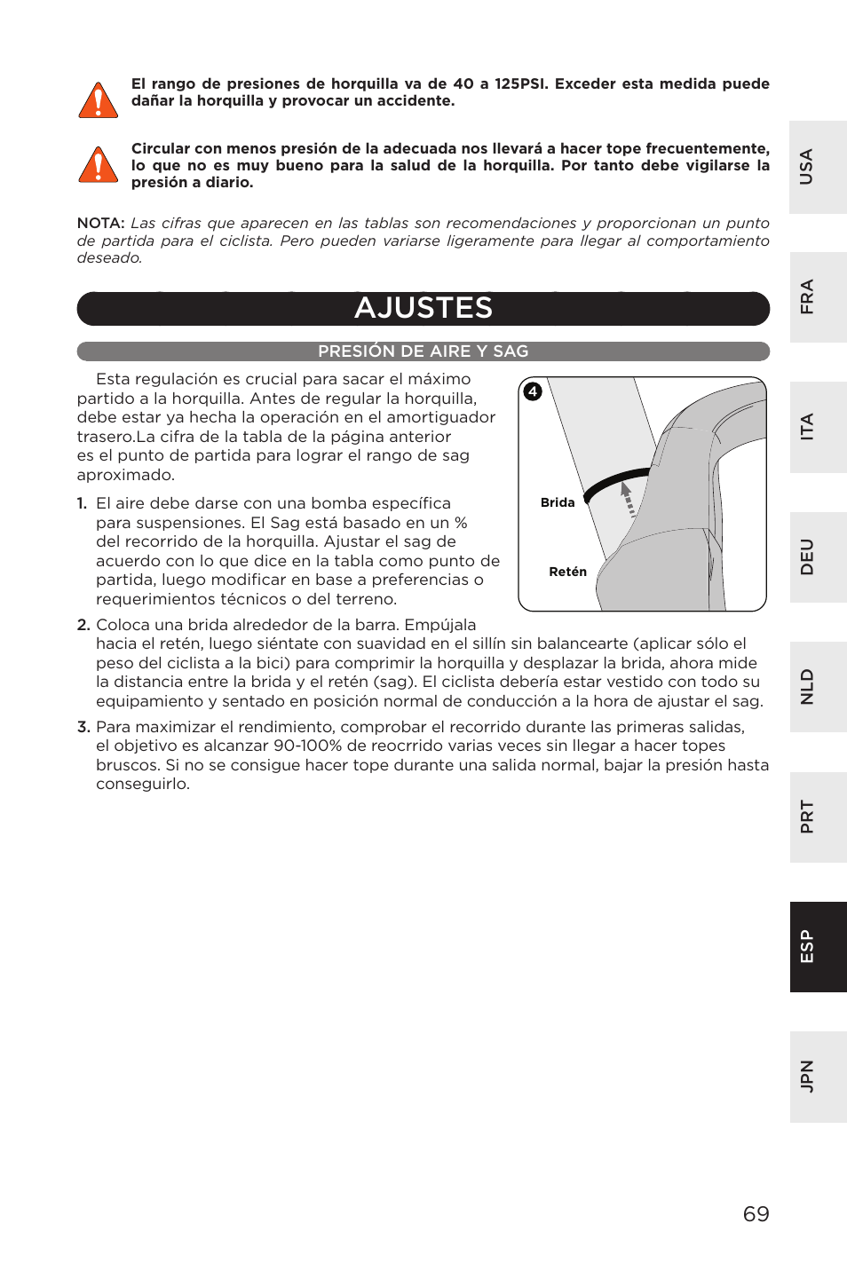 Ajustes, Presión de aire y sag | Specialized AFR E100 User Manual | Page 69 / 84