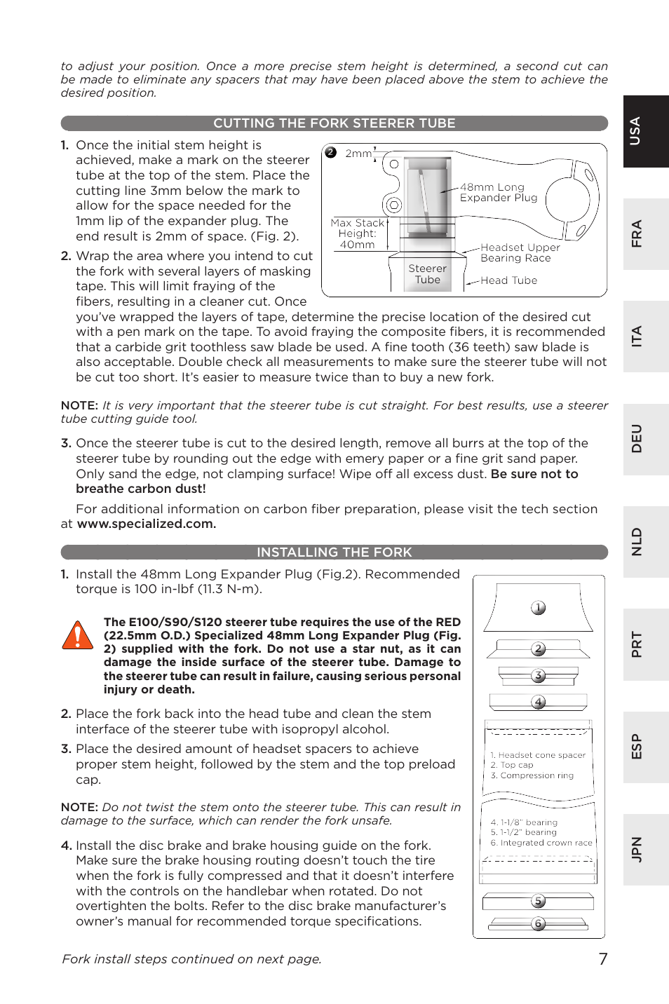 Cutting the fork steerer tube installing the fork | Specialized AFR E100 User Manual | Page 7 / 84