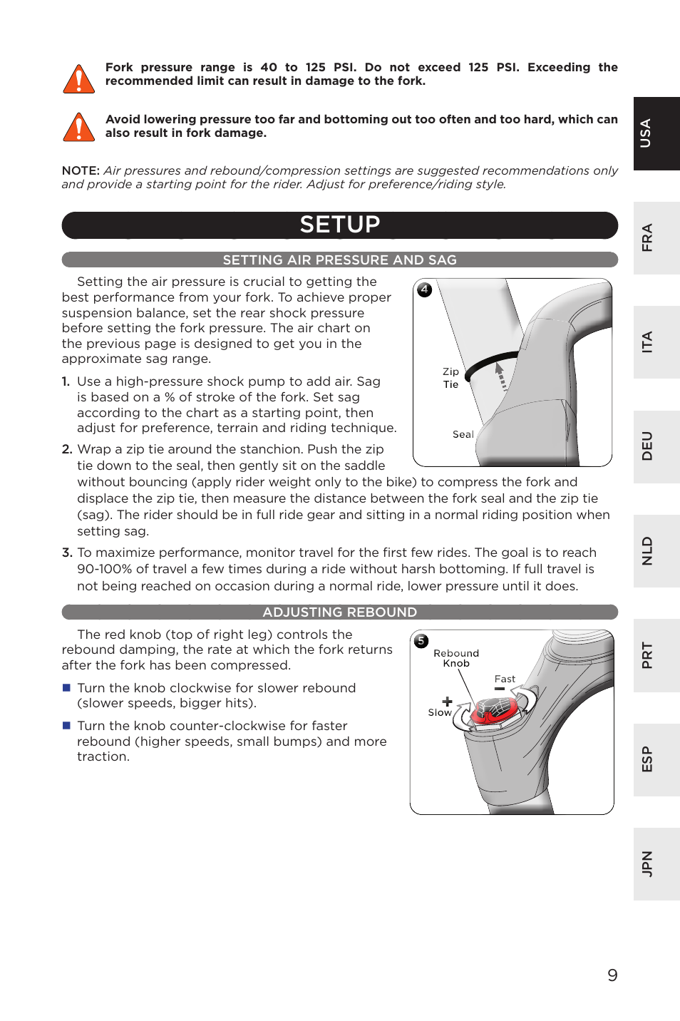 Setup, Setting air pressure and sag adjusting rebound | Specialized AFR E100 User Manual | Page 9 / 84