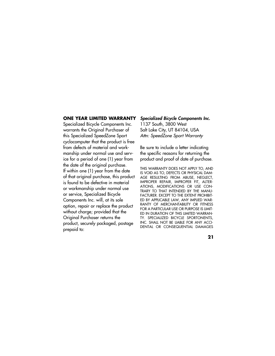 Specialized Speedzone Sport CR2032 User Manual | Page 21 / 22
