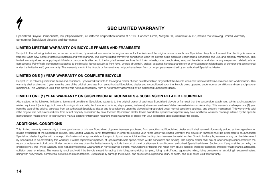 14 15 sbc limited warranty | Specialized Roubaix User Manual | Page 14 / 16