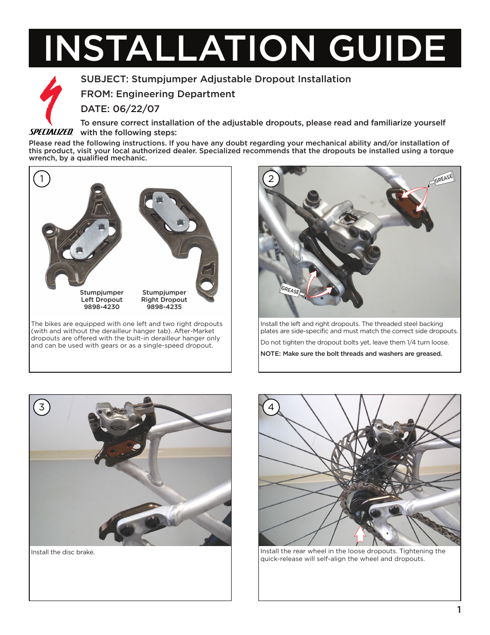 Specialized Stumpjumper Adjustable Dropout User Manual | 2 pages