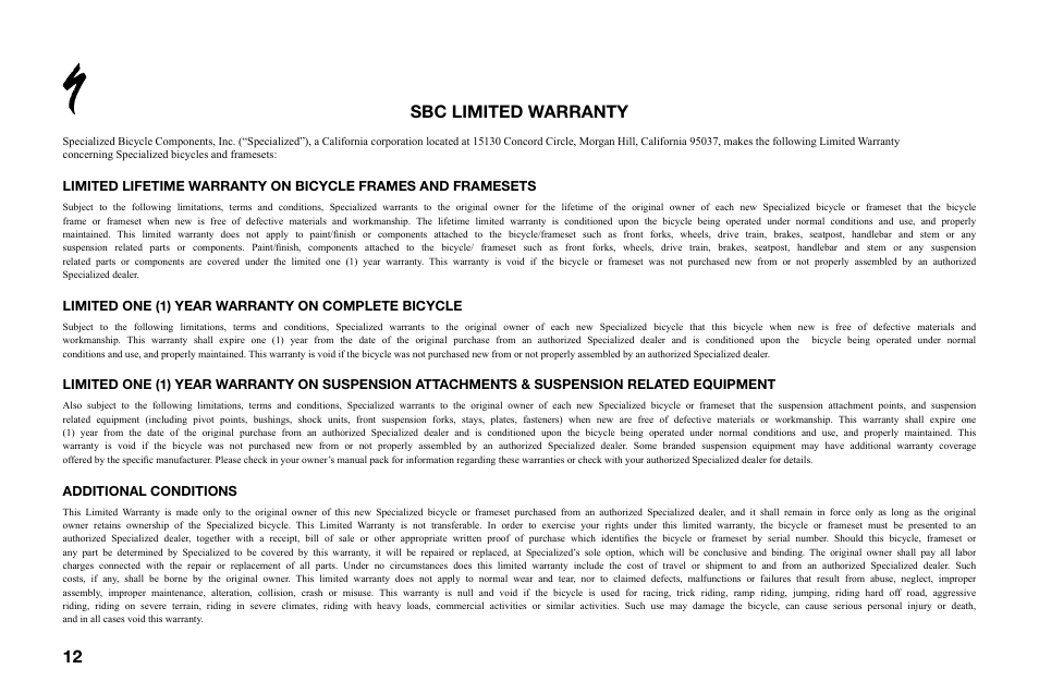 12 13 sbc limited warranty | Specialized BigHit User Manual | Page 12 / 14