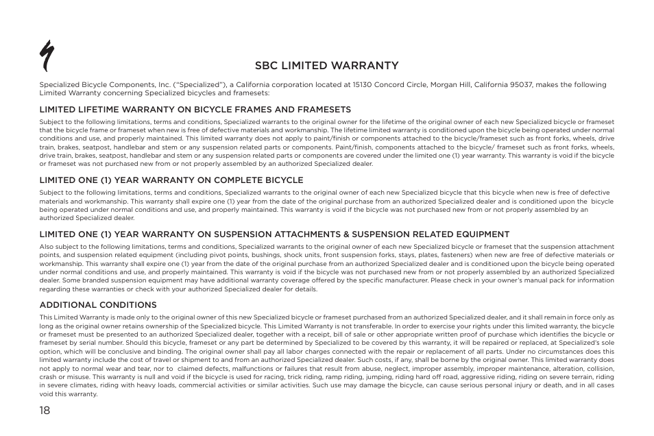 18 sbc limited warranty | Specialized Epic Era User Manual | Page 18 / 24